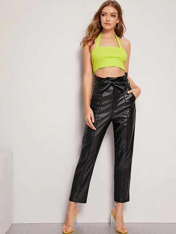 CM-BS712498 Women Casual Seoul Style Paperbag High Waist Belted PU Long Pants - Black