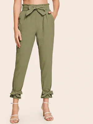CM-BS718211 Women Casual Seoul Style High Waist Bow Hem Paperbag Waist Belted Pants - Army Green