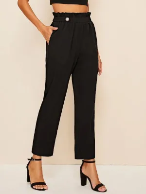 CM-BS718223 Women Casual Seoul Style High Waist Double Button Paperbag Waist Pants - Black