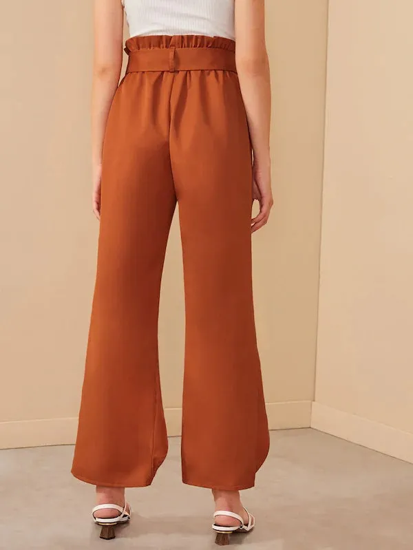 CM-BS724321 Women Trendy Seoul Style High Waist Petal Hem Paperbag Waist Belted Pants - Orange