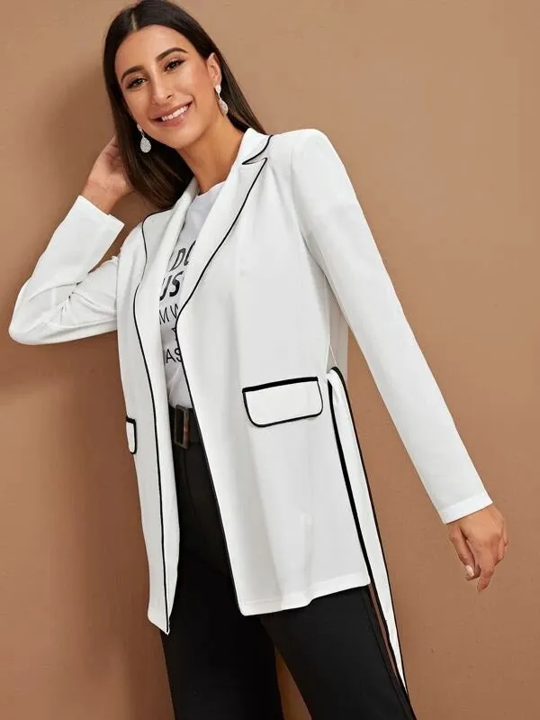 CM-CS012725 Women Casual Seoul Style Long Sleeve Contrast Piping Belted Blazer - White