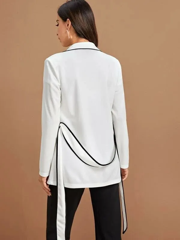 CM-CS012725 Women Casual Seoul Style Long Sleeve Contrast Piping Belted Blazer - White