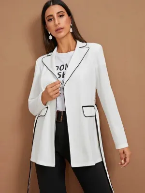 CM-CS012725 Women Casual Seoul Style Long Sleeve Contrast Piping Belted Blazer - White