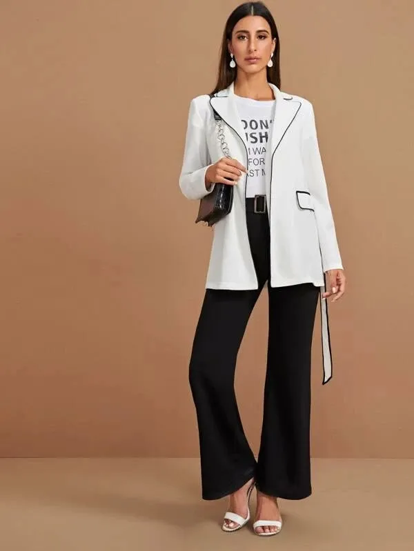 CM-CS012725 Women Casual Seoul Style Long Sleeve Contrast Piping Belted Blazer - White