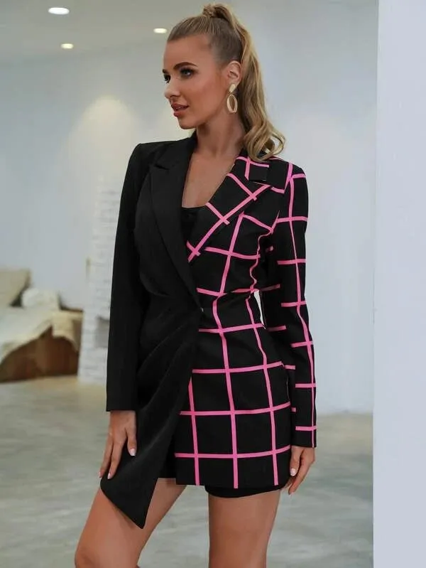 CM-CS015605 Women Elegant Seoul Style Long Sleeve Placket Grid Print Longline Blazer - Black
