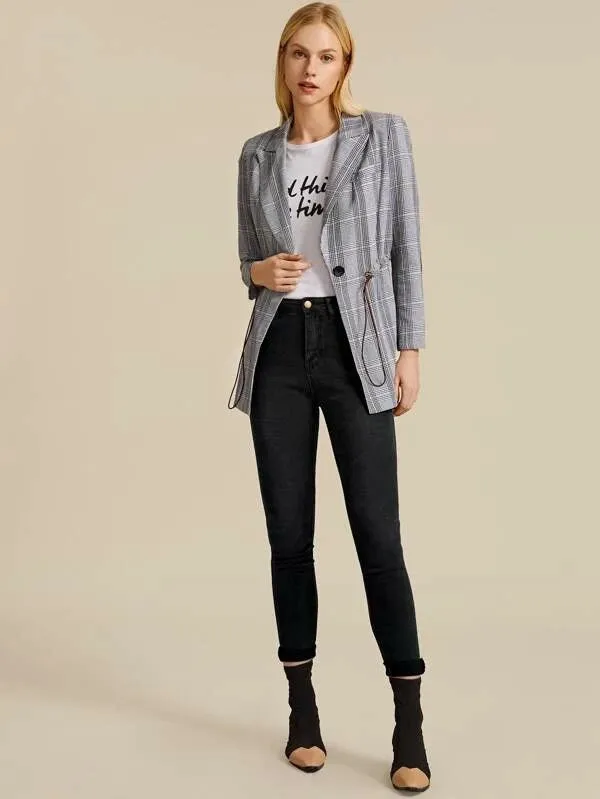 CM-CS017656 Women Elegant Seoul Style Lapel Collar Drawstring Waist Contrast Elbow Patch Plaid Blazer