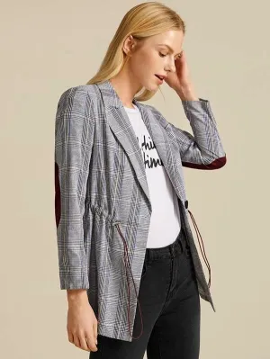 CM-CS017656 Women Elegant Seoul Style Lapel Collar Drawstring Waist Contrast Elbow Patch Plaid Blazer