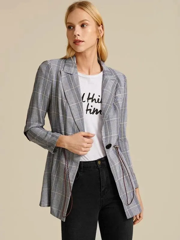 CM-CS017656 Women Elegant Seoul Style Lapel Collar Drawstring Waist Contrast Elbow Patch Plaid Blazer