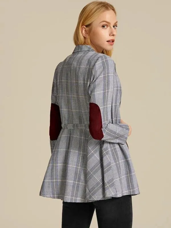 CM-CS017656 Women Elegant Seoul Style Lapel Collar Drawstring Waist Contrast Elbow Patch Plaid Blazer