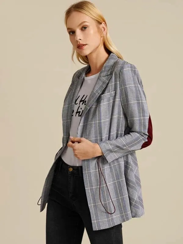 CM-CS017656 Women Elegant Seoul Style Lapel Collar Drawstring Waist Contrast Elbow Patch Plaid Blazer