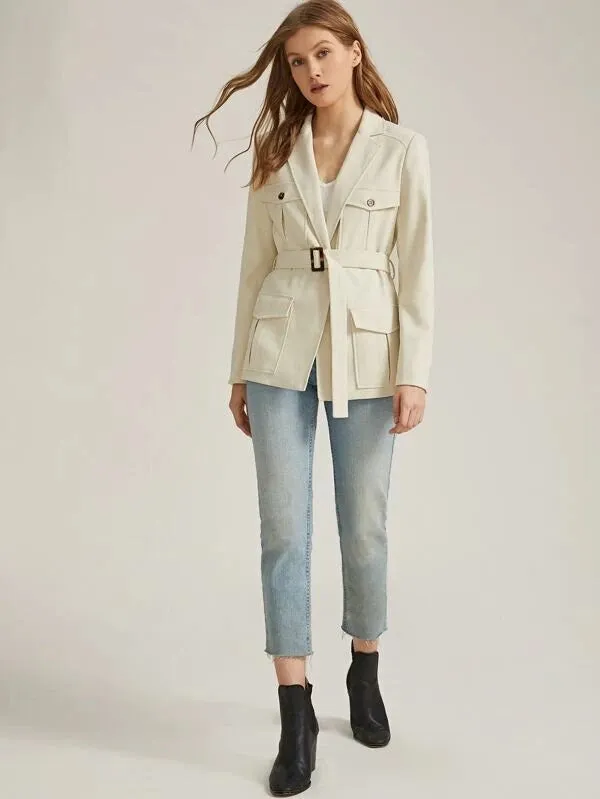 CM-CS111596 Women Elegant Seoul Style Long Sleeve Notched Collar Flap Pocket Belted Blazer - Beige