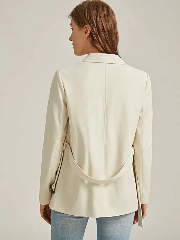 CM-CS111596 Women Elegant Seoul Style Long Sleeve Notched Collar Flap Pocket Belted Blazer - Beige