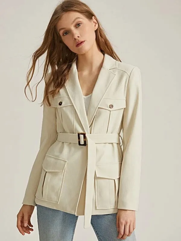 CM-CS111596 Women Elegant Seoul Style Long Sleeve Notched Collar Flap Pocket Belted Blazer - Beige
