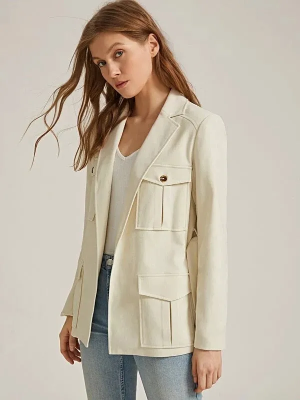 CM-CS111596 Women Elegant Seoul Style Long Sleeve Notched Collar Flap Pocket Belted Blazer - Beige