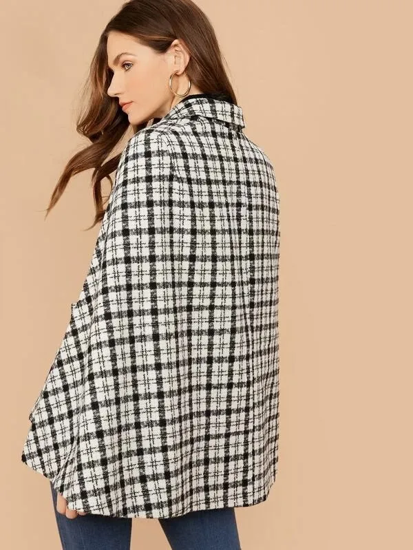 CM-CS121497 Women Elegant European Style Notched Collar Plaid Belted Cape Blazer