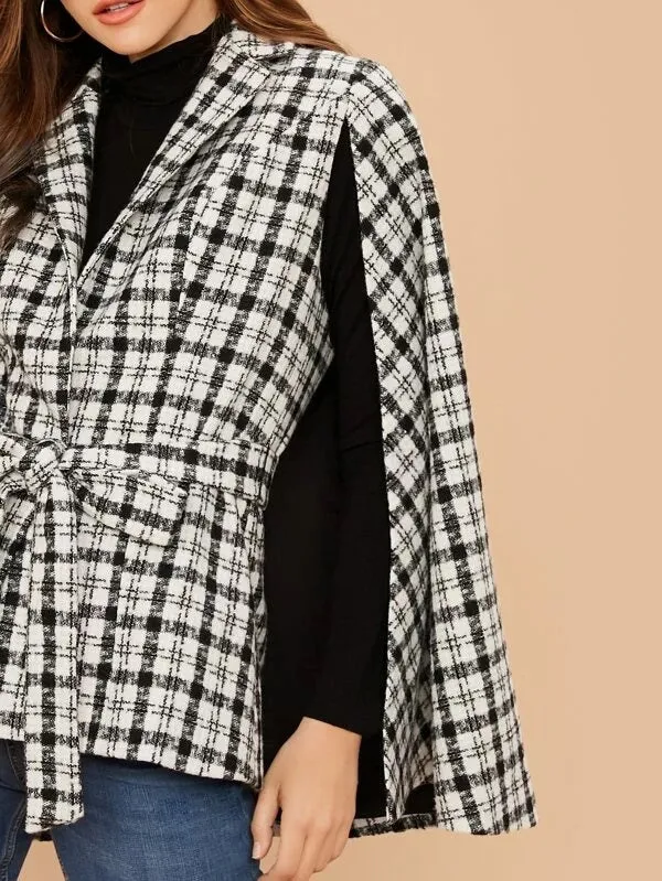 CM-CS121497 Women Elegant European Style Notched Collar Plaid Belted Cape Blazer