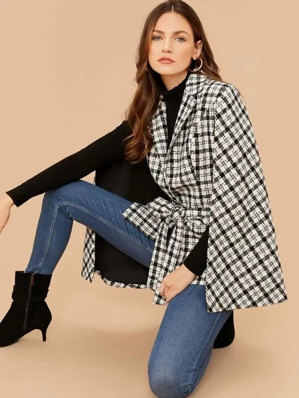 CM-CS121497 Women Elegant European Style Notched Collar Plaid Belted Cape Blazer