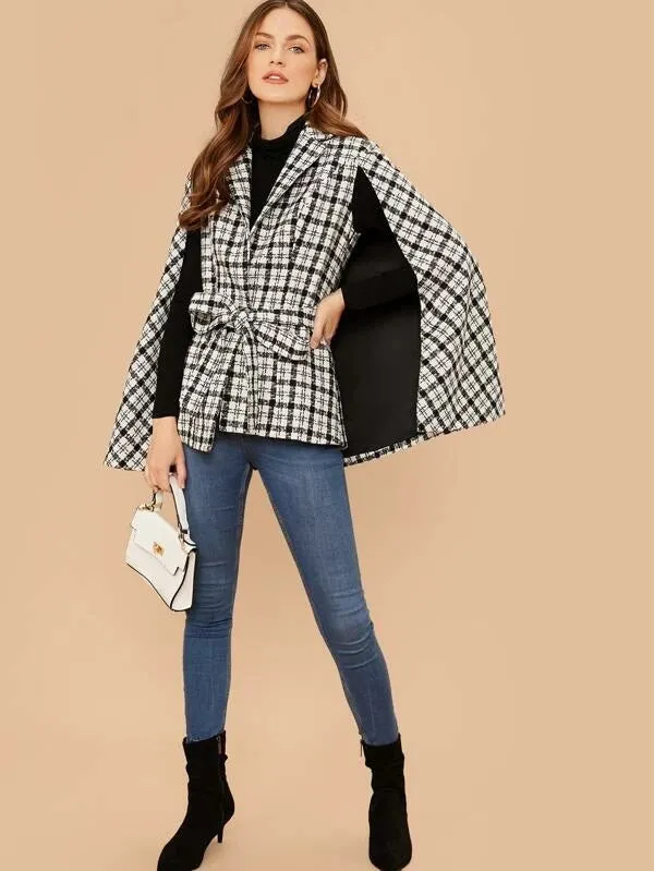 CM-CS121497 Women Elegant European Style Notched Collar Plaid Belted Cape Blazer