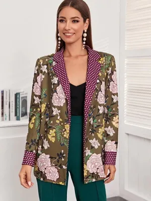 CM-CS121730 Women Elegant Seoul Style Polka Dot Notch Collar Belted Floral Wrap Blazer
