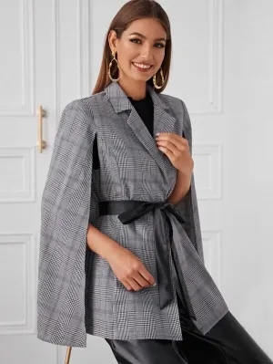 CM-CS121788 Women Elegant Seoul Style Notched Collar Plaid Belted Cape Blazer - Gray
