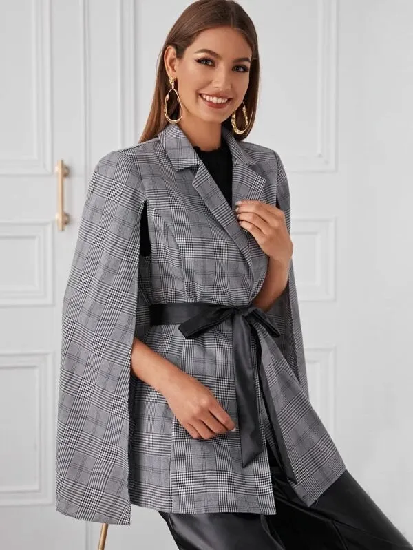 CM-CS121788 Women Elegant Seoul Style Notched Collar Plaid Belted Cape Blazer - Gray