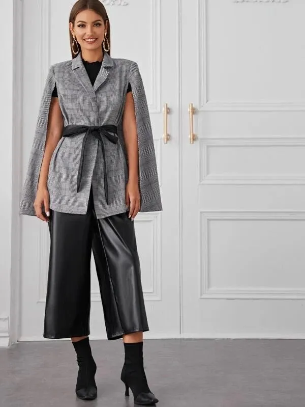 CM-CS121788 Women Elegant Seoul Style Notched Collar Plaid Belted Cape Blazer - Gray