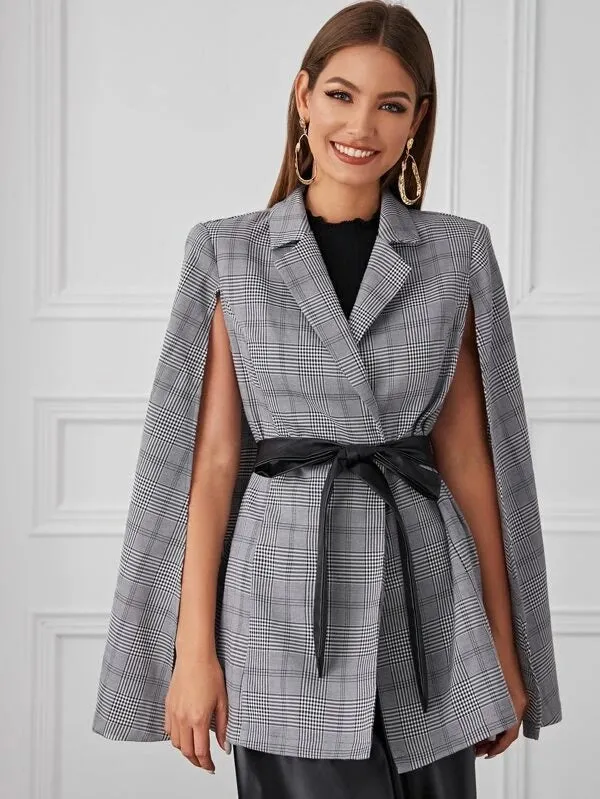 CM-CS121788 Women Elegant Seoul Style Notched Collar Plaid Belted Cape Blazer - Gray