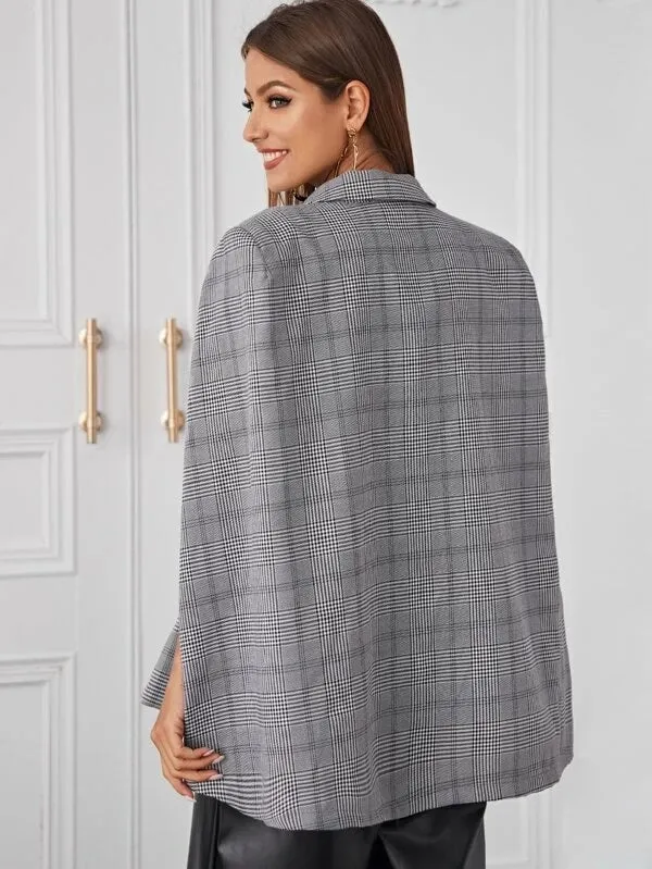 CM-CS121788 Women Elegant Seoul Style Notched Collar Plaid Belted Cape Blazer - Gray