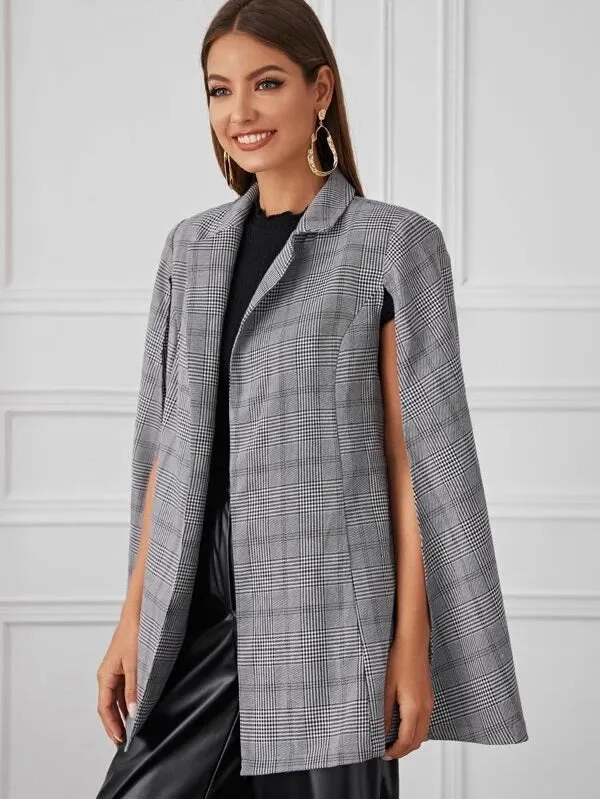 CM-CS121788 Women Elegant Seoul Style Notched Collar Plaid Belted Cape Blazer - Gray
