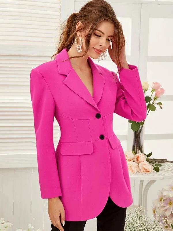 CM-CS125468 Women Elegant Seoul Style Notch Collar Wide Waistband Single Breasted Blazer - Pink