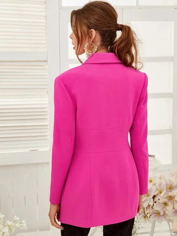 CM-CS125468 Women Elegant Seoul Style Notch Collar Wide Waistband Single Breasted Blazer - Pink