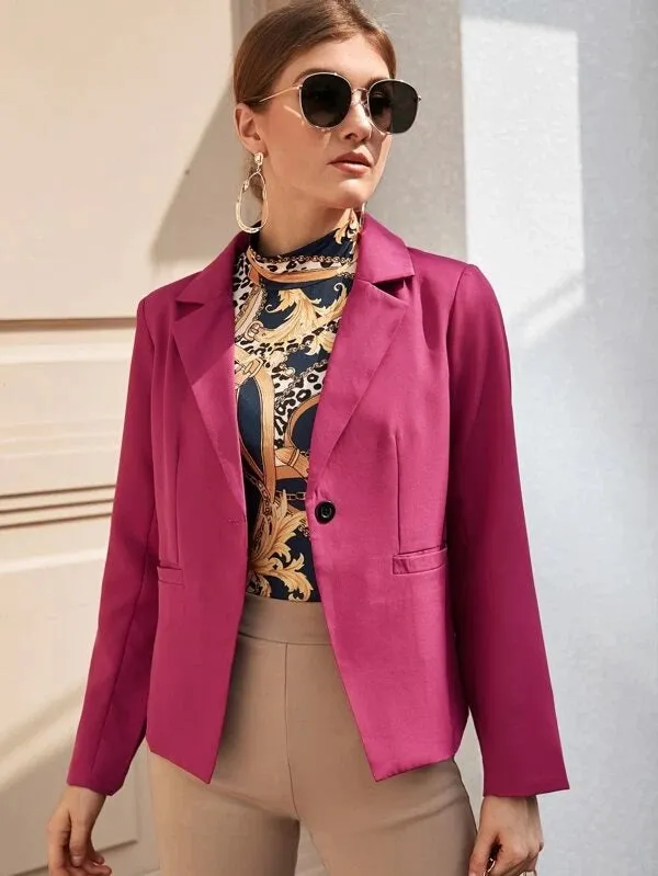 CM-CS204320 Women Elegant Seoul Style Long Sleeve Single Button Front Double Pocket Blazer - Pink