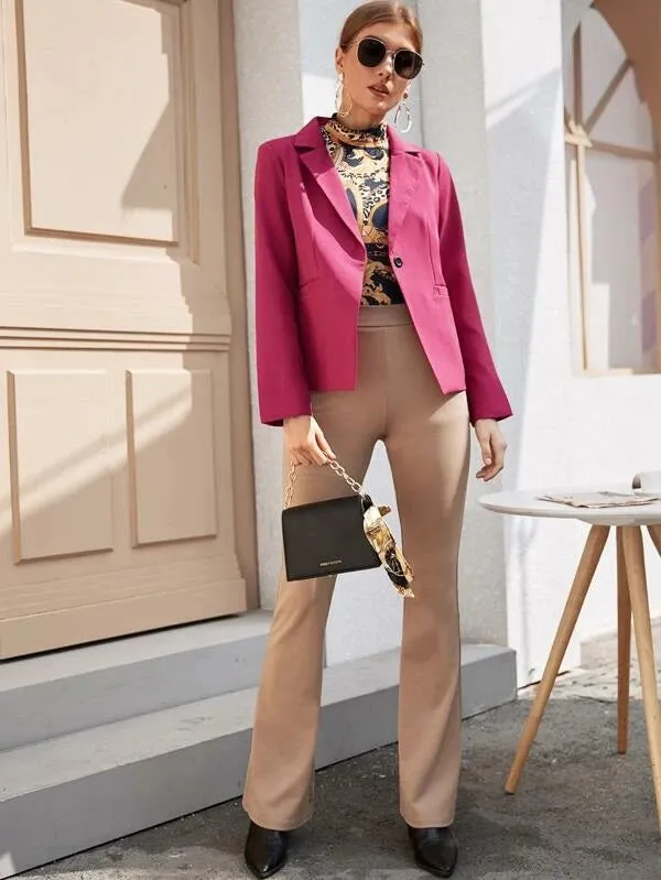 CM-CS204320 Women Elegant Seoul Style Long Sleeve Single Button Front Double Pocket Blazer - Pink