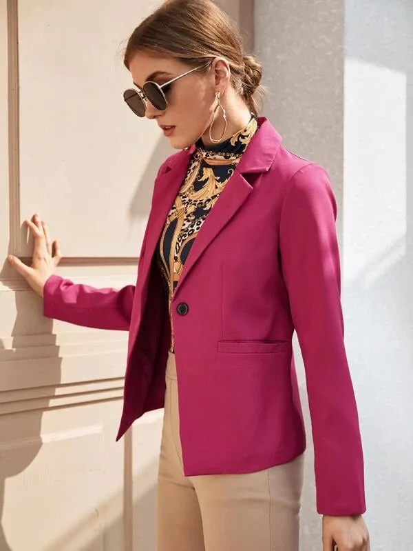 CM-CS204320 Women Elegant Seoul Style Long Sleeve Single Button Front Double Pocket Blazer - Pink