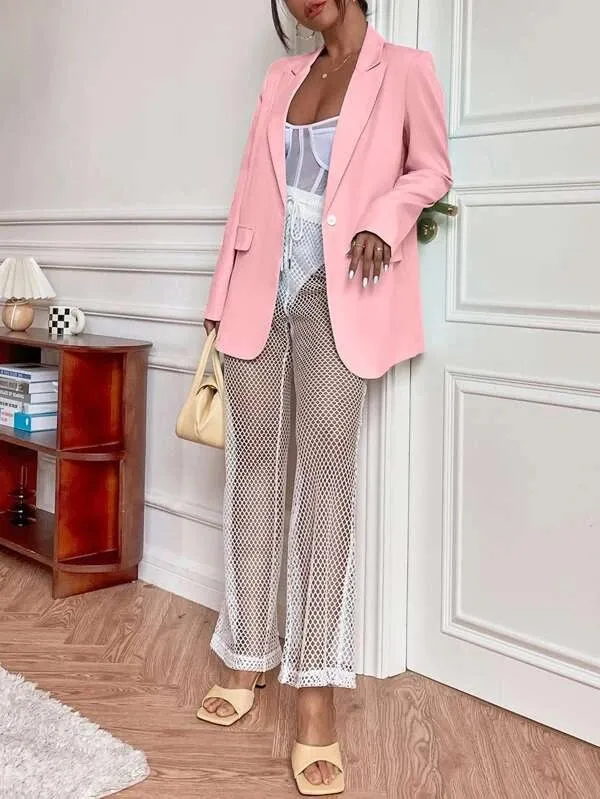 CM-CS359651 Women Elegant Seoul Style Solid Single Button Long Blazer - Baby Pink