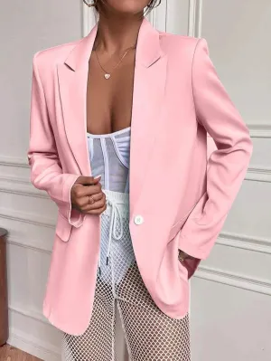 CM-CS359651 Women Elegant Seoul Style Solid Single Button Long Blazer - Baby Pink