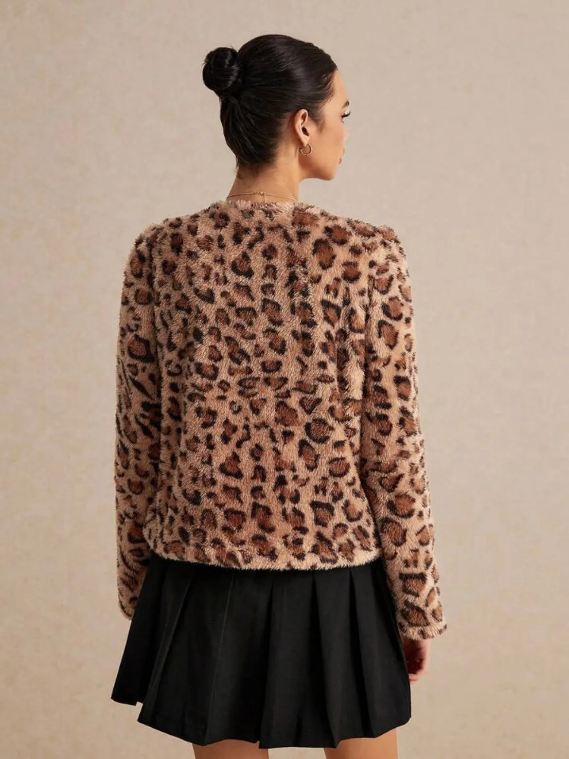 CM-CS449040 Women Casual Seoul Style Round Neck Long Sleeve Leopard Print Jacket - Brown