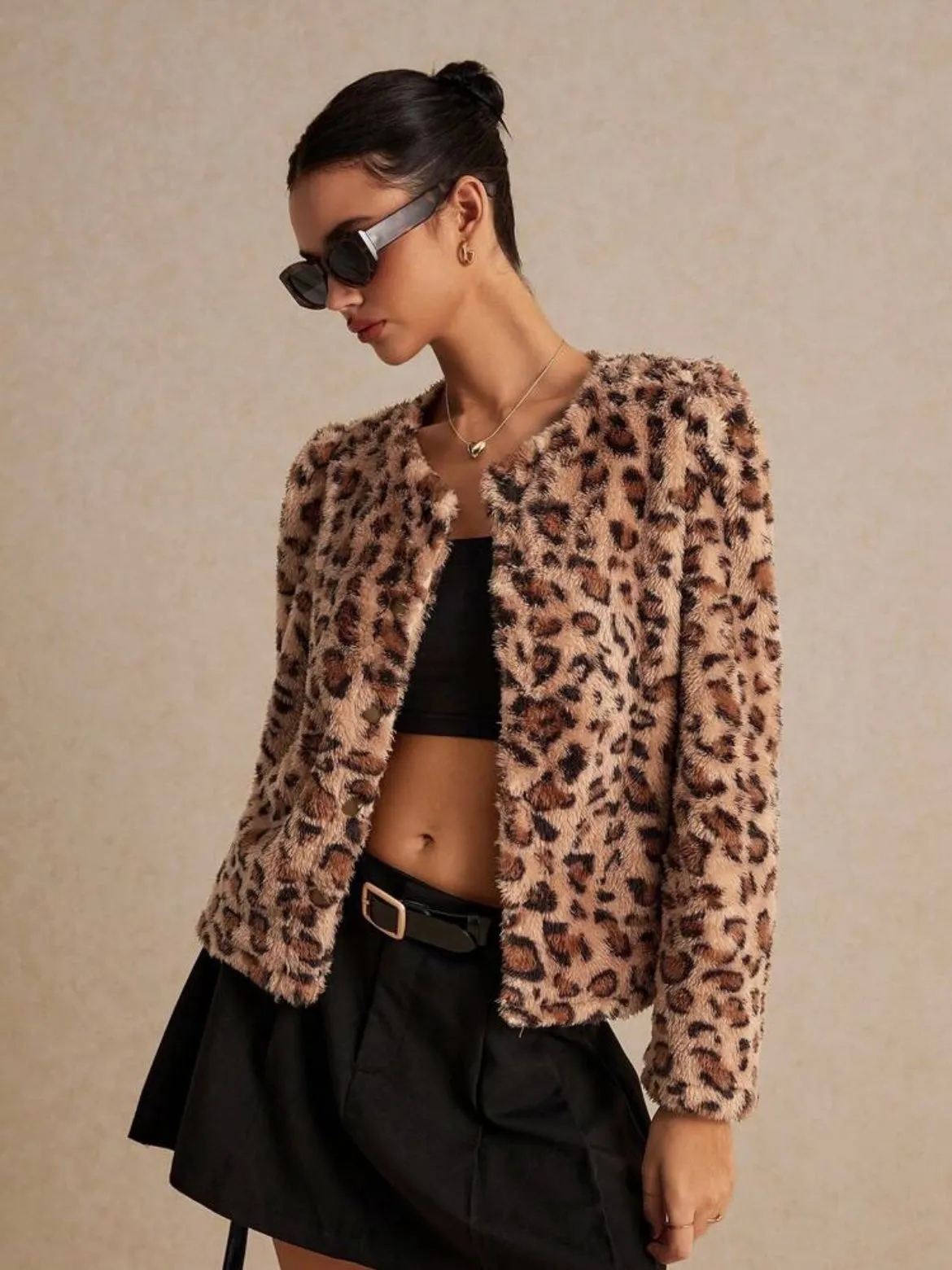 CM-CS449040 Women Casual Seoul Style Round Neck Long Sleeve Leopard Print Jacket - Brown