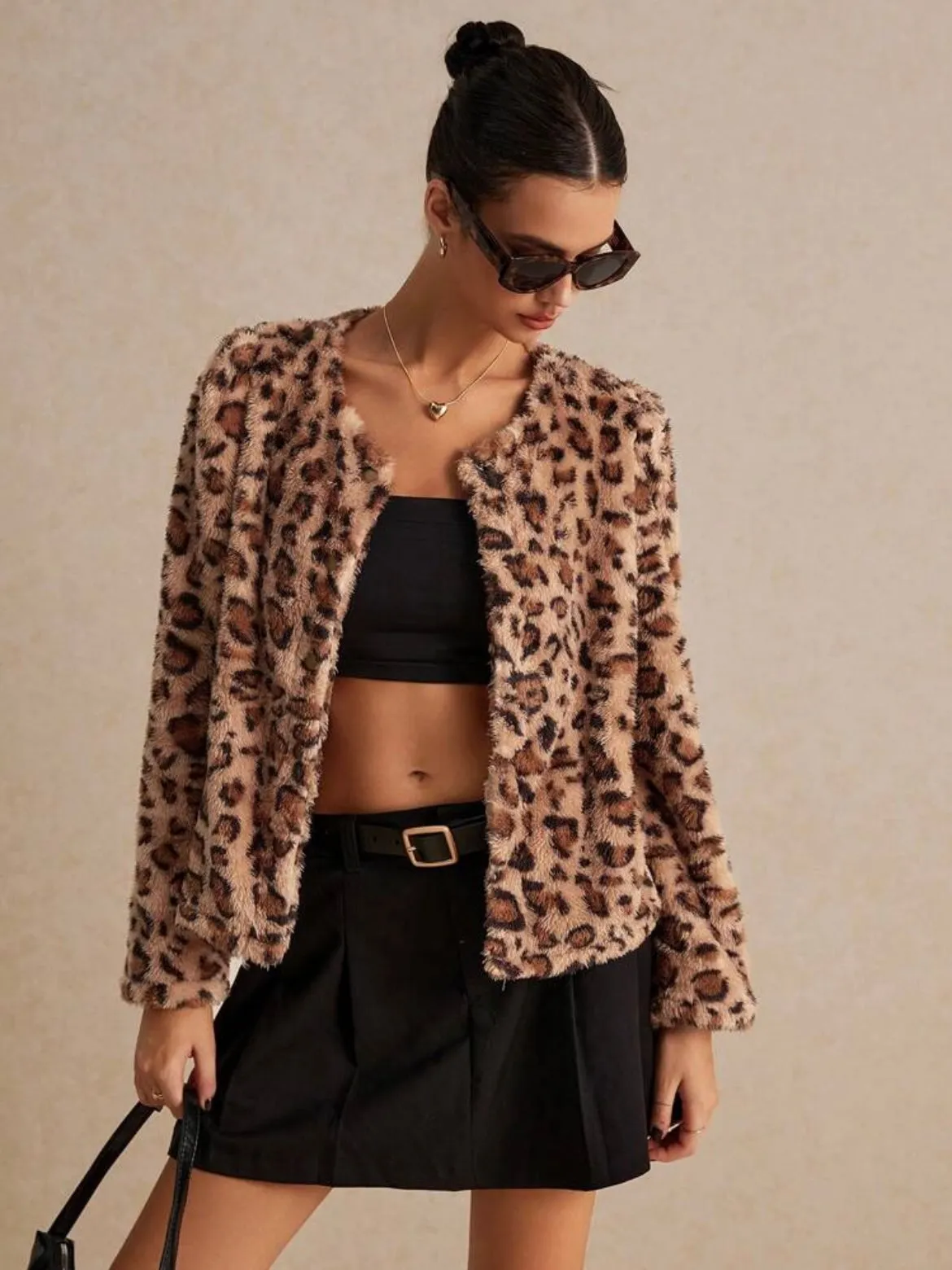 CM-CS449040 Women Casual Seoul Style Round Neck Long Sleeve Leopard Print Jacket - Brown