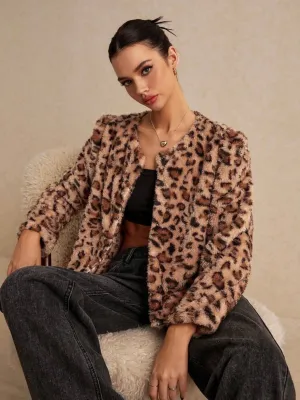 CM-CS449040 Women Casual Seoul Style Round Neck Long Sleeve Leopard Print Jacket - Brown
