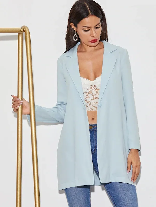 CM-CS624674 Women Trendy Seoul Style Long Sleeve Solid Single Button Longline Blazer - Blue