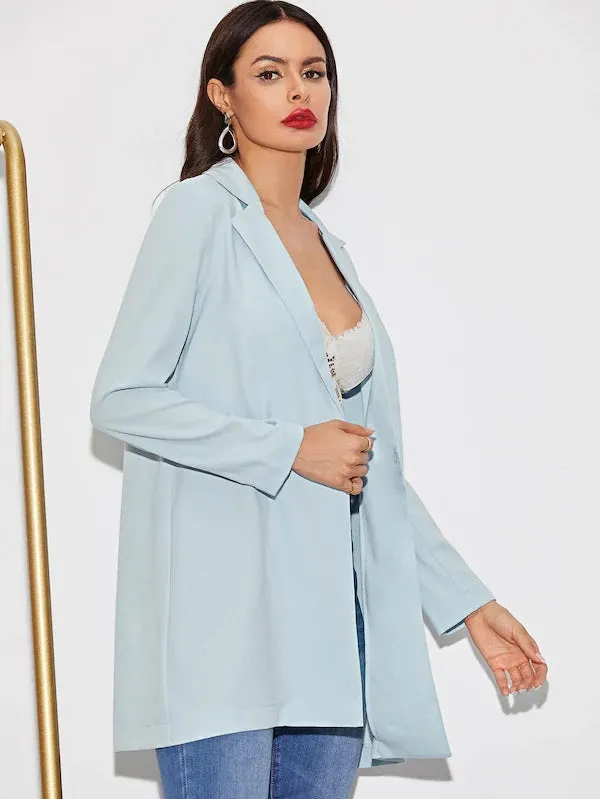 CM-CS624674 Women Trendy Seoul Style Long Sleeve Solid Single Button Longline Blazer - Blue