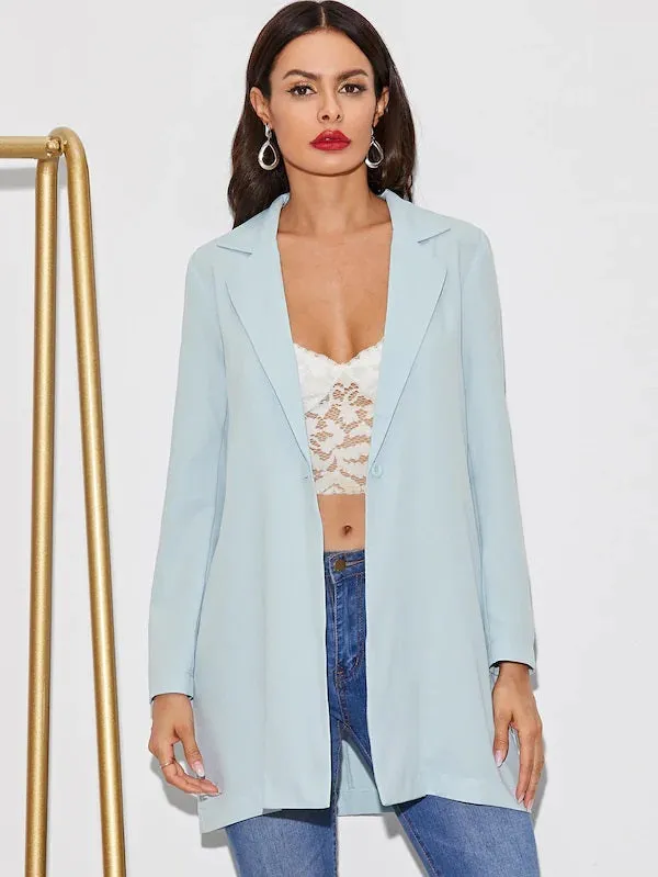 CM-CS624674 Women Trendy Seoul Style Long Sleeve Solid Single Button Longline Blazer - Blue