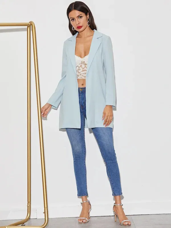 CM-CS624674 Women Trendy Seoul Style Long Sleeve Solid Single Button Longline Blazer - Blue