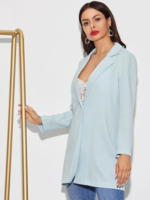 CM-CS624674 Women Trendy Seoul Style Long Sleeve Solid Single Button Longline Blazer - Blue