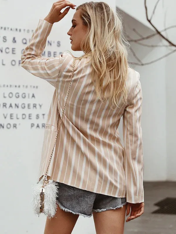CM-CS715495 Women Elegant European Style Long Sleeve Striped Single Button Blazer - Nude