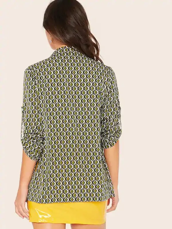 CM-CS725673 Women Casual Seoul Style Graphic Double Breasted Roll Up Sleeve Pocket Blazer - Green