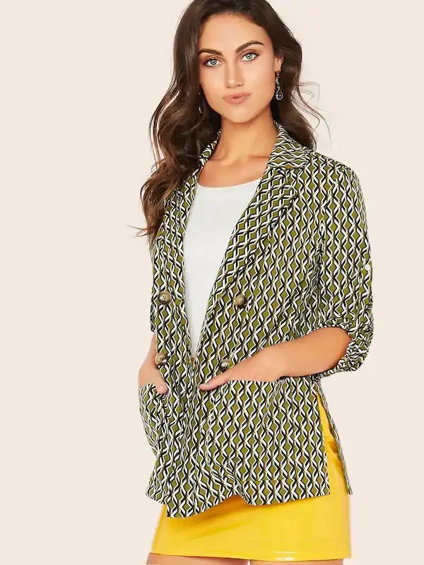 CM-CS725673 Women Casual Seoul Style Graphic Double Breasted Roll Up Sleeve Pocket Blazer - Green