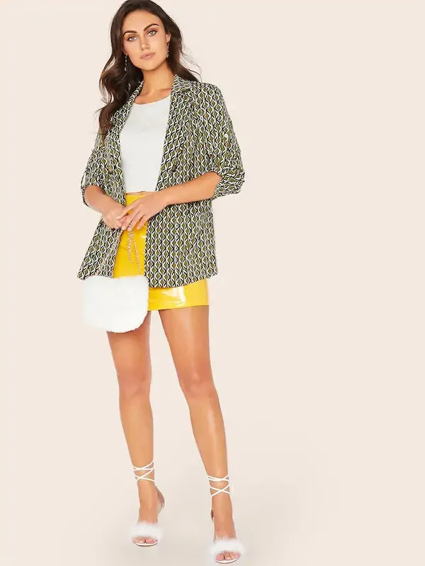 CM-CS725673 Women Casual Seoul Style Graphic Double Breasted Roll Up Sleeve Pocket Blazer - Green