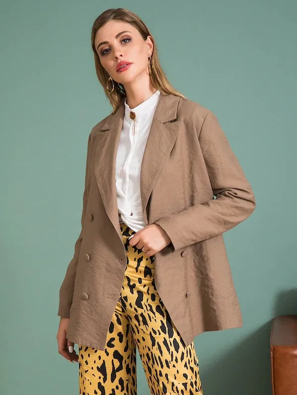 CM-CS801316 Women Casual Seoul Style Long Sleeve Solid Double Breasted Blazer - Brown